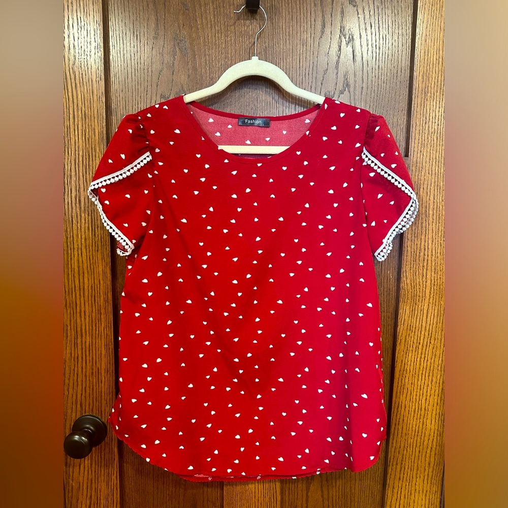 Short Sleeve Blouse with Hearts, Tunic, Lace Crochet Sleeve, Valentine’s Day
